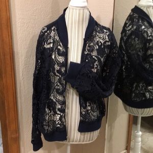 Chico’s navy lace bomber jacket